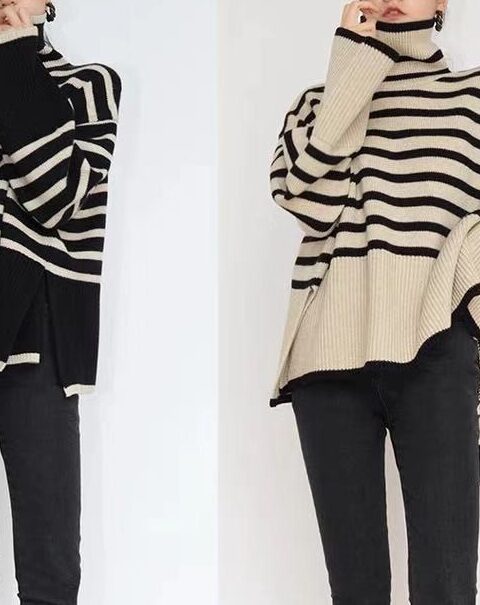 Women Long-Sleeve-Sweaters Stripe.